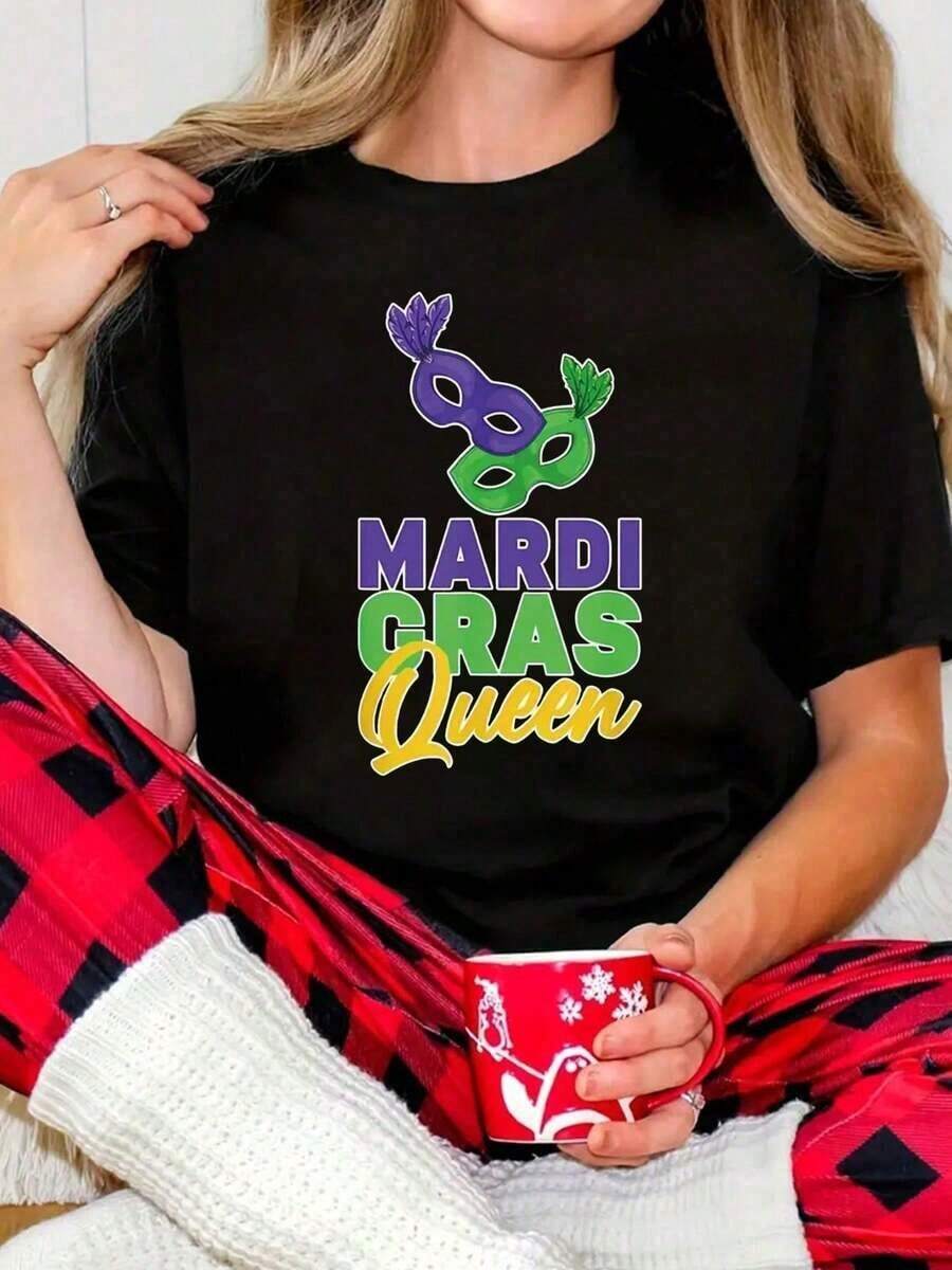 Algodón Camiseta De Manga Corta Con Cuello Redondo Y Estampado Deáscara De Reina Del Mardi Gras Para Mujer, Informal, De Verano, Tops Gráficos Para Mujer. Blusas Para Mujer Camisa - Negro - Ver 1