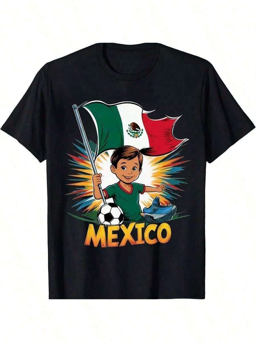 Camiseta de Fútbol para Hombre con Bandera de México - Logotipo del Equipo Mexicano y Colores Nacionales con Diseño de Águila Verde, Blanca y Roja - Ajuste Cómodo para Todas las Temporadas, Ideal para Fanáticos, Viajes, Regalos (Ropa con Temática Mexicana)Conjuntos de Vacaciones de Verano 2026 - Negro - Ver 1