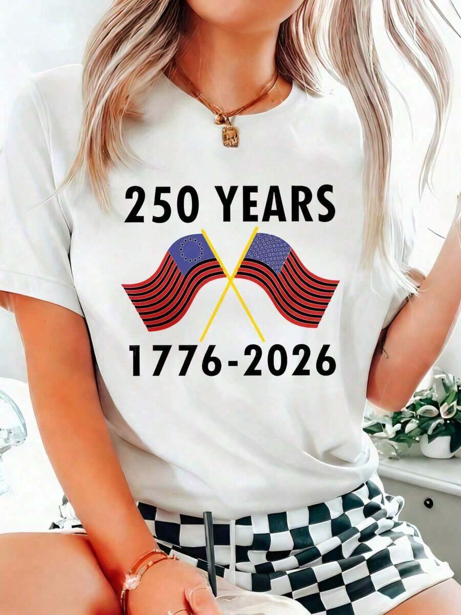 White Cotton T-Shirt 250 Years 1776-2026 American Flag Crossed Flags Independence Day Celebration Party Wear - 白色 - 查看 1