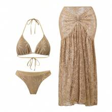 Nuevo Traje de Baño de Tres Piezas con Diseño Calado y Tirantes de Bikini en Color Sólido para Vacaciones 2026 - 422 Camel - Ver 6