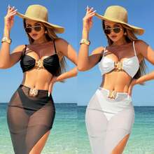 Nuevo y sexy traje de baño de tres piezas de color sólido con falda larga de malla, bikini - Rojo - Ver 2