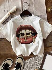 2026 Camiseta casual de manga corta estilo hip-hop para mujer con estampado de dientes dorados, top casual de manga corta y cuello redondo, para verano y primavera, ropa de mujer, camiseta de marca de moda retro de algodón estampado en cera de alta calidad, camiseta de mujer, imprescindible para la playa, camiseta de verano para mujer, regalo de vacaciones, regalo perfecto, Pascua, camisetas gráficas, 100% algodón, camisetas gráficas para mujer, ropa de verano, tops casuales, ropa de primavera para mujer, tops de verano, ropa de verano para mujer, transpirable y cómoda. - Blanco - Ver 1