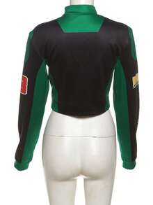 Chaqueta tipo béisbol estilo retro americano con estampado manga larga diseño sexy corte ombliguero - Verde - Ver 6