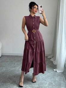 Women's Single-Breasted Sleeveless Shirt Dress With Ruffled Hem In Solid Color - Dark Gold - View 8