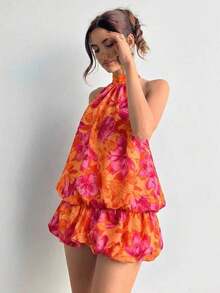 2026 Women's Summer Casual Halter Neck Solid Color Ruffle Hem Dress - Apricot - View 4