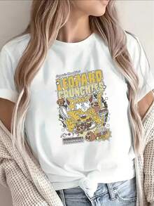 Camiseta de manga corta, adornada con un llamativo estampado de leopardo y un estampado de gato de dibujos animados - top negro de cuello redondo, se puede combinar con un cárdigan.| Lavable a máquina, ajuste cómodo, adecuado para uso casual diario - fácil de combinar con otras prendas. - Blanco - Ver 7
