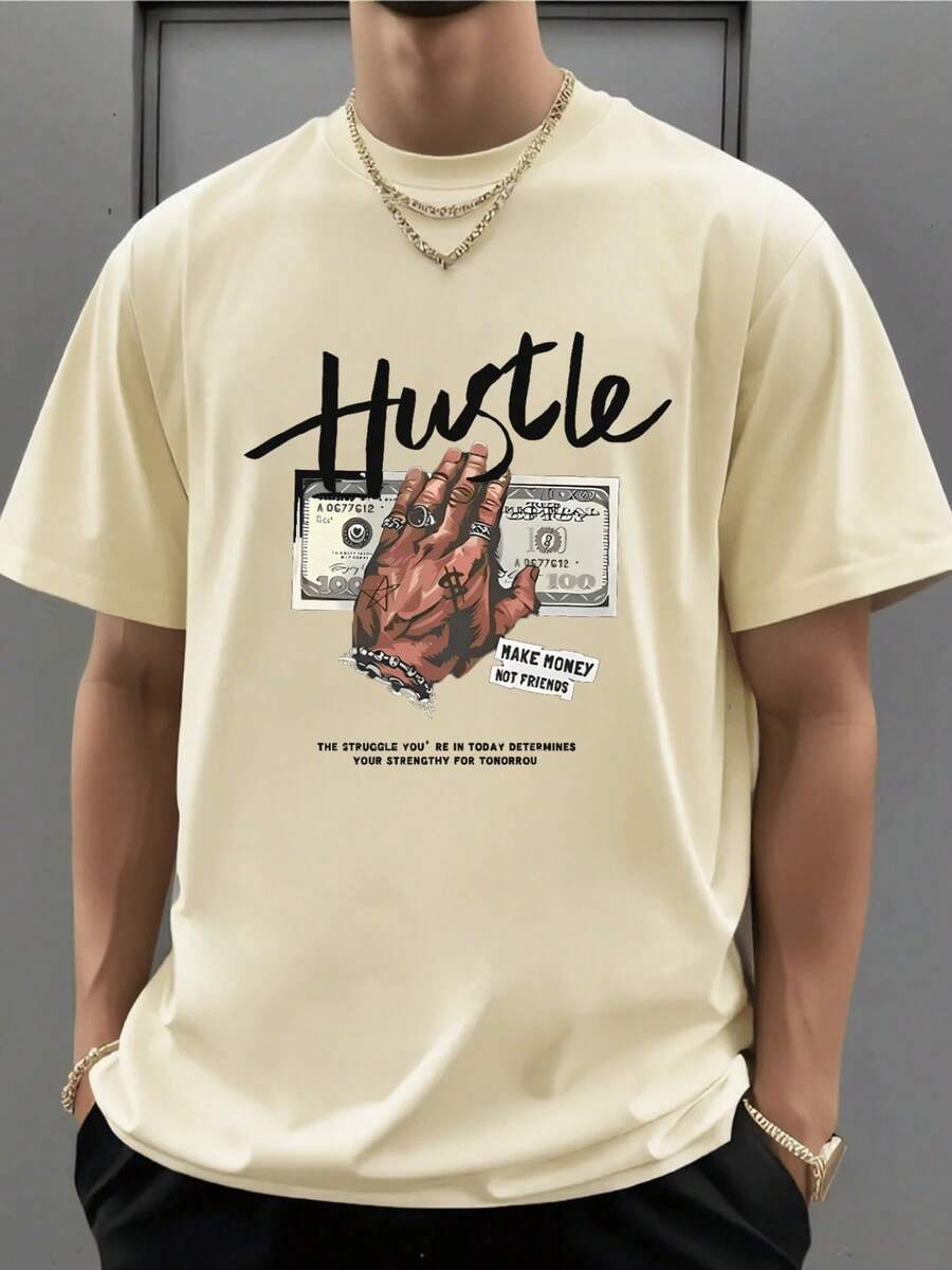 Camisetas Casuales Unisex Premium Lindas, Camiseta de Hombre 100% Algodón con Lema de Caligrafía 'Hustle', Camiseta de Algodón Grueso de 220g para Hombre, Ideal para Navidad (1 Pieza) - Albaricoque - Ver 1