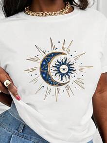 Soft 100% Cotton T-Shirt, Minimalist And Casual Style, New For Spring/Summer, For Women, With Round Neck And Sun, Moon And Stars Print, Fashionable, Short Sleeve, Casual Summer, Made Of Ice Fiber Fabric, Breathable, Matches Everything. - 白色 - 查看 6
