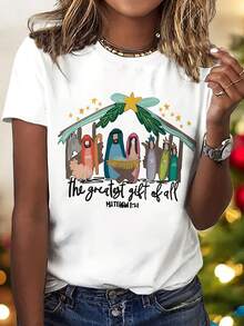 Camiseta de mujer con estampado navideño, de manga corta y cuello redondo, informal, con estampado de historia navideña, el regalo más grande, top religioso para mujer. Ropa casual de verano, ropa para clima cálido, estilo urbano, moda moderna, uso diario, ropa para jugar al aire libre, atuendo para vacaciones, atuendo para fiestas. - Blanco - Ver 7