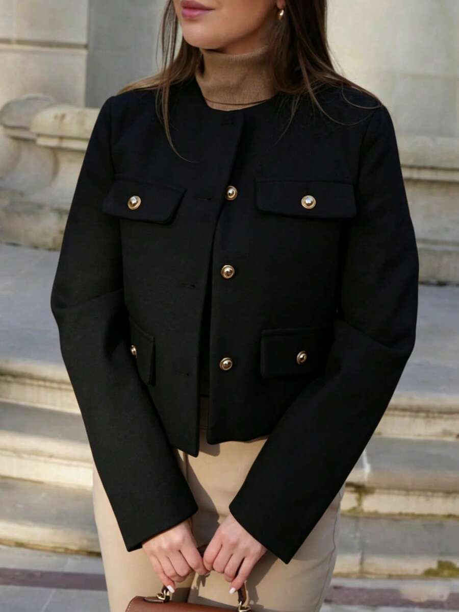 2026 New Short Jacket - Wool Texture, Round Neck, Gold Buttons, Flap Pockets Black - Black - View 1