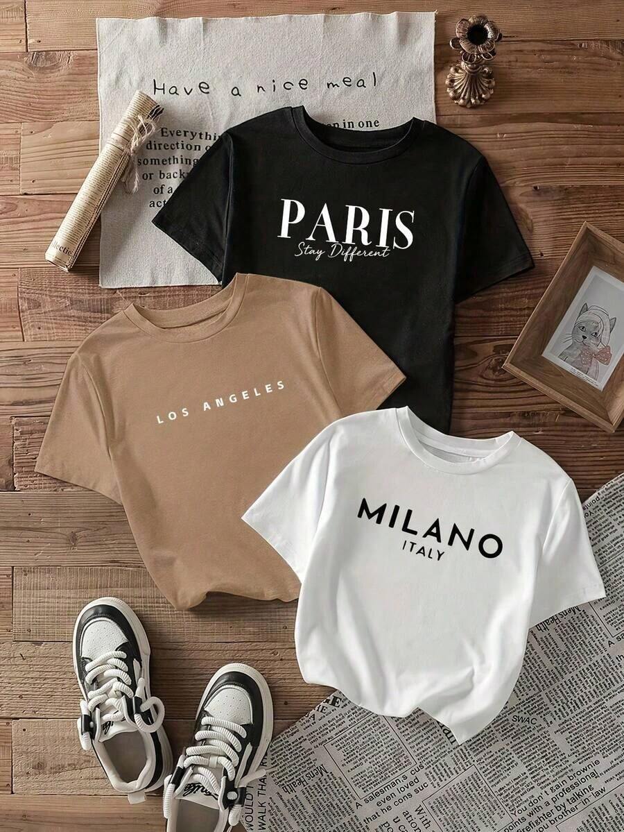 Artículo de moda, no un conjunto de 3 piezas, camiseta casual de verano para mujer, novedad 2026, con estampado urbano, mangas cortas cómodas, adecuada para acampar y hacer picnics. - Blanco - Ver 1