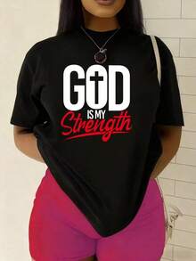 Camiseta de Mujer de 180GSM, 100% Algodón, con Diseño Inspirador de Versículo Bíblico "Dios Es Mi Fuerza", Negra con Letras Rojas - Negro - Ver 7