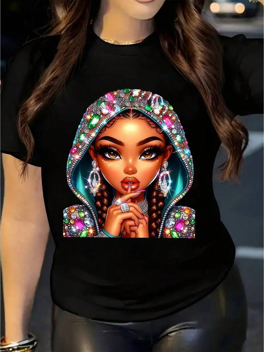 New Spring And Summer Collection Featuring A Sparkling Girl Design With Faux Rhinestone Hat Patterns, Along With A Women'S Printed Short-Sleeve Casual T-Shirt, Perfect For Gifting To Friends In The Spring And Summer. - Black - View 1