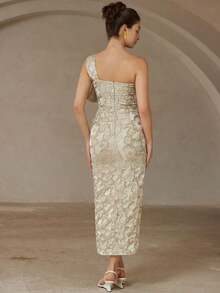 Nuevo vestido de cóctel largo, elegante y de lujo con estilo vintage para dama. Vestido ajustado y entallado sin mangas, con decoración de lazo en el hombro asimétrico oblicuo, de tela jacquard. - Multicolor - Ver 6