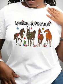 Women's Casual Short Sleeve Crew Neck T-Shirt - Merry Horses Christmas Graphic Print With Santa Hats And Ornaments, Festive Gray Theme, Machine Washable, Comfortable Fit For All Seasons, Holiday Clothing - 白色 - 查看 6