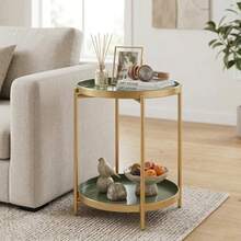 TeoKJ Mesa auxiliar dorada de 2 niveles mesa auxiliar redonda plegable de metal mesita de noche pequeña con dos bandejas extraíbles para recámara sala de estar mesita de noche espacios pequeños - Oro verde oscuro - Ver 3