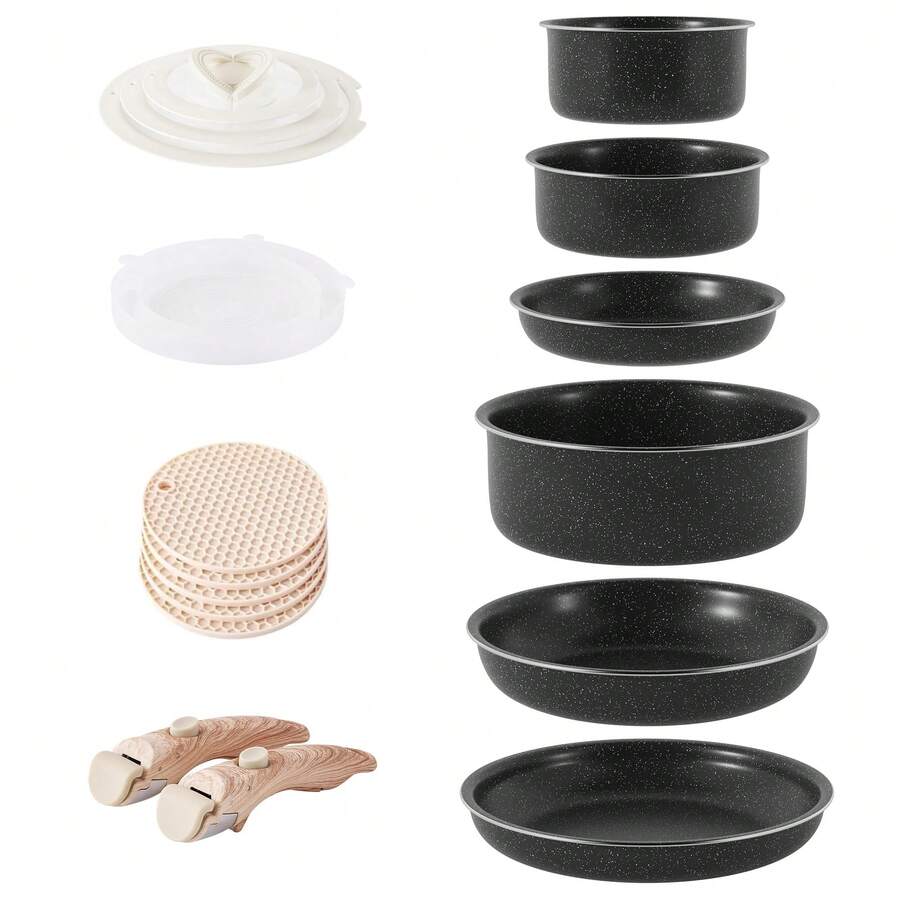 RIOVARM Induction Pots And Pans Set With Lids Non Stick Cookware Set With Detachable Handles Granite Coated Pot & Pan Sets With Removable Handles Stackable Kitchen Cookware Camping Pan Set - View 1