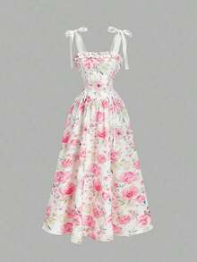 MOD Vestido largo con estampado floral y tirantes con lazo para mujer, ideal para primavera, graduación, vestidos modestos para mujer, vestidos para vacaciones de primavera - Rosa 2 - Ver 6