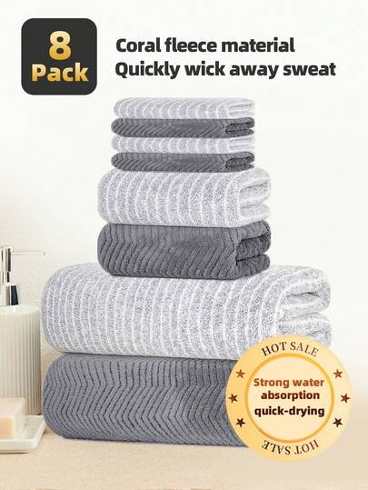 8pcs/Set Ultra Soft Towel Set | Made Of Polyester Fiber, Non-Shedding, Absorbent, Suitable For Adult Daily Use, Bathroom Decor, Home Goods, SPA, Travel, Hotel, Party Gifts, Minimalist Striped Design