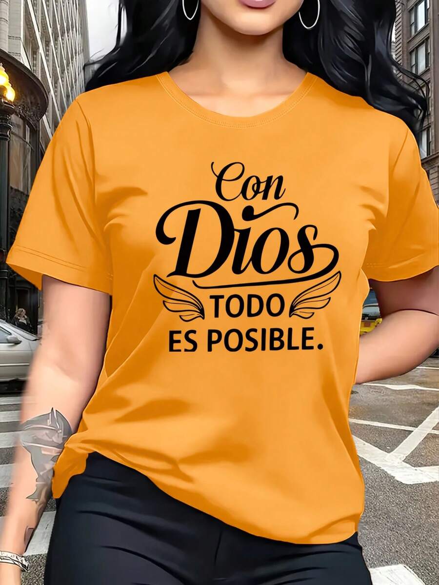 A Classic, Inspirational Religious Phrase In Spanish: "With God, All Things Are Possible." The Letter Print Is And Stylish; This Simple, Casual, And Versatile Women's Short-Sleeved T-Shirt With A Round Neck Is Suitable For Leisure, Travel, Vacations, And Other Activities. STWB - 橘色 - 查看 1