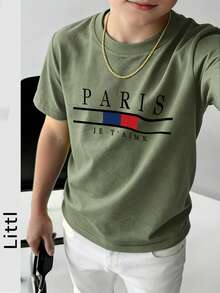 男童 PARIS 字母印花短袖 T 恤，兒童圓領柔軟休閒基礎上衣，復古法國國旗條紋圖案夏季日常襯衫 - 橄欖綠 - 查看 2
