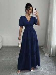Vestido largo con cuello en V elegante, cintura recogida, pliegues, bajo acampanado y mangas abullonadas, color púrpura, de uso casual y para vacaciones, para primavera/verano - Azul marino - Ver 3