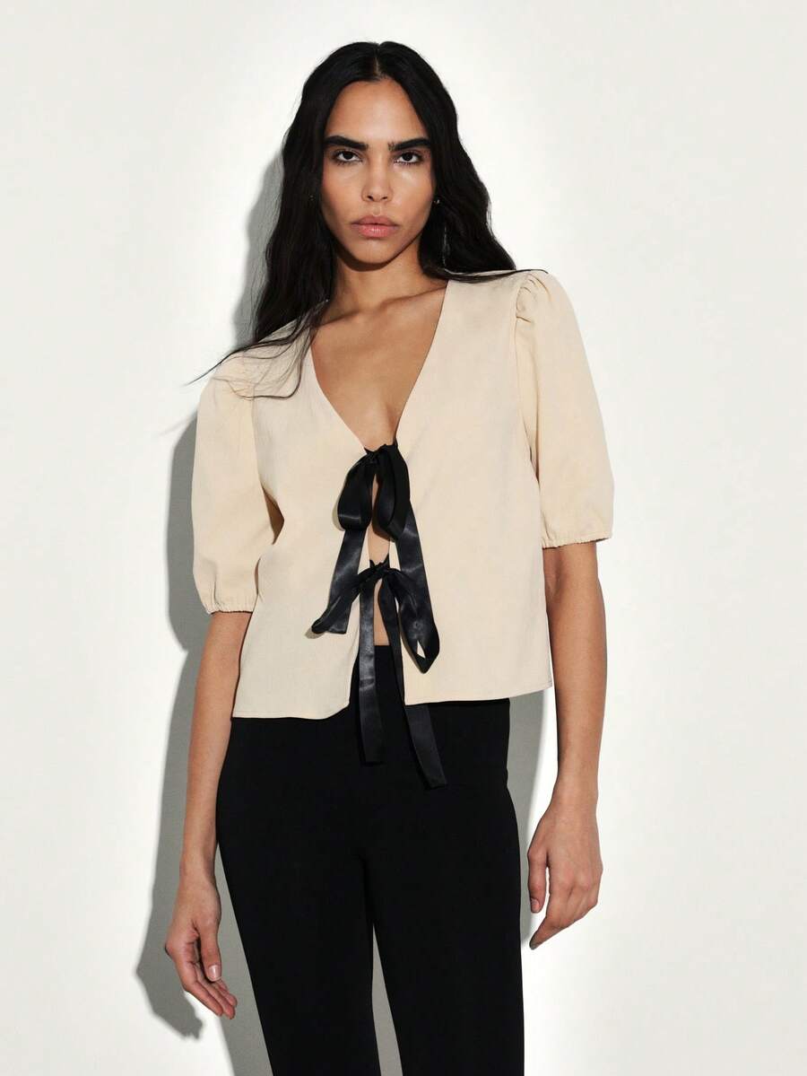 KSTM Women Tie Front Blouse With Bow Detail Short Puff Sleeves Deep V Neck Top Cropped Style Office Casual - Khaki - View 1