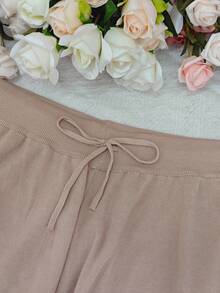 Plus Size Women Solid Color Casual Contrast Color Round Neck Knit Top And Knit Pants Set - Apricot - View 5
