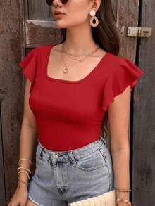 Privé Camiseta de manga corta con cuello cuadrado de unicolor casual de vacaciones - Rojo - Ver 3