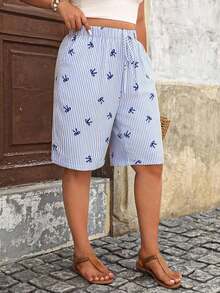 Pantalones cortos holgados de lino de talla grande para mujer, de unicolor, con bolsillo y lazo en la cintura, pantalones cortos anchos y de pierna ancha, pantalones cortos modestos para vacaciones y verano, color negro - Azul 2 - Ver 1