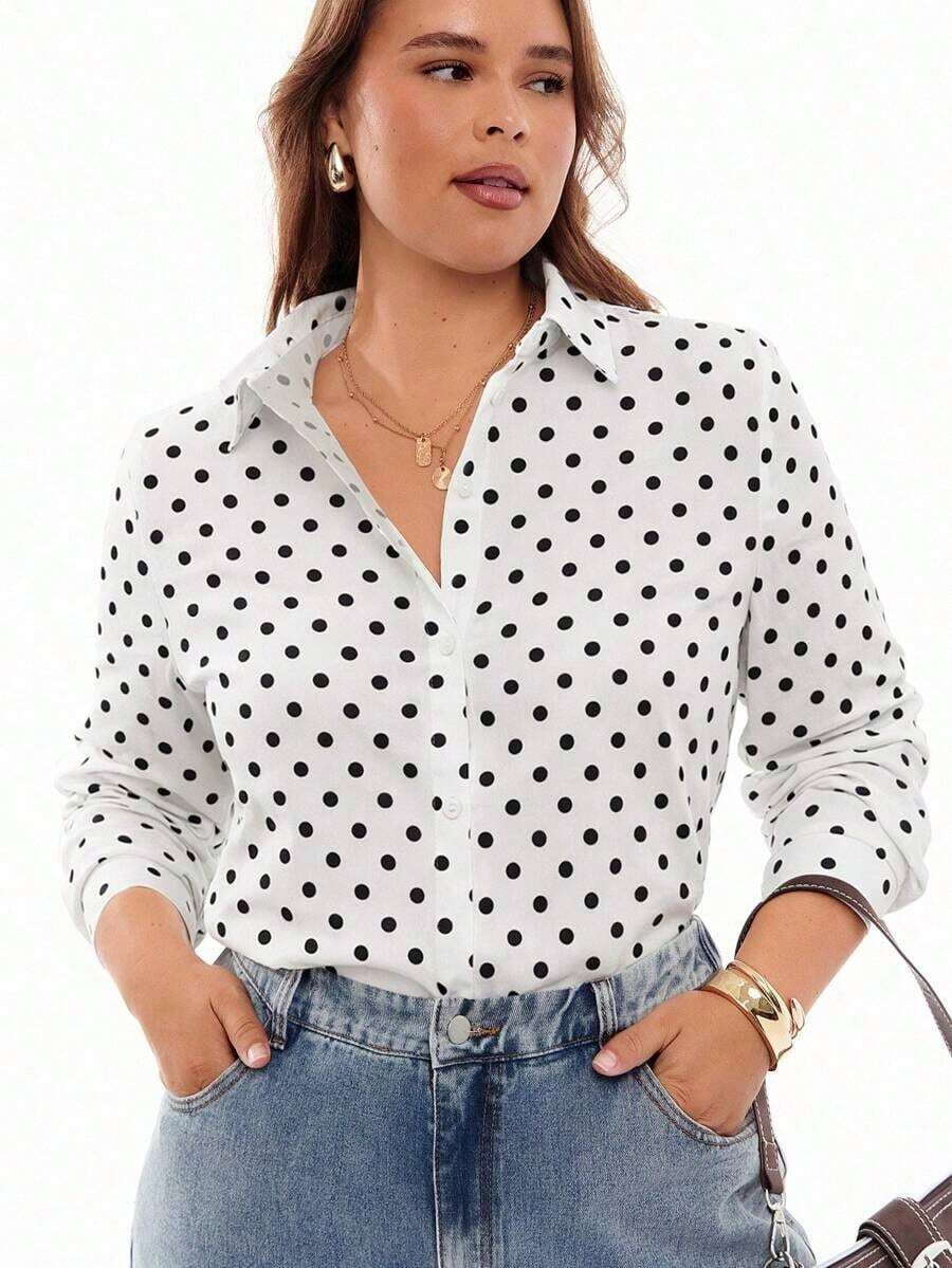 Camisa de manga larga con cuello vuelto y botones para mujer de talla grande, elegante camisa blanca de otoño - Blanco y Negro - Ver 1