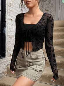 Nuevo suéter de malla de punto de primavera/verano para mujer, top de vaquera con estampado flocado, top sexy con lazo y manga larga, top corto con estampado floral, de tops con lazo para mujer, tops sexy para mujer, tops con estampado floral para - Negro - Ver 4