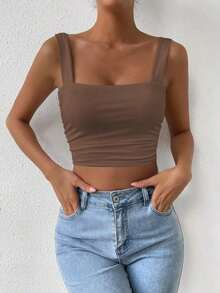 Top Cami Ajustado de Pliegues unicolor y Corto para el Verano - Café integral 2 - Ver 4