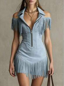 1Women Cold Shoulder Lapel Zipper Front Fringe Bodycon Mini Dress - Blue - View 4