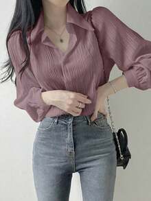 Blusa suelta de unicolor con cuello vuelto y pliegues para mujer, color morado, para primavera/verano/otoño, ropa de mujer de manga larga - Morado - Ver 4