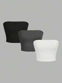 Set de 3 tops cortos ajustados de unicolor minimalista para mujer, apropiados para el verano - Multicolor 4 - Ver 8
