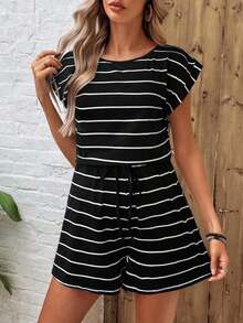 Mono informal de verano para mujer de talla grande con cuello redondo, rayas en blanco y negro y cintura con elástico - Negro - Ver 6