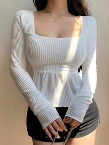 Blusa casual de mujer con cuello cuadrado, manga corta, silueta acampanada y tela texturizada, top sexy y lindo - Blanco - Ver 1