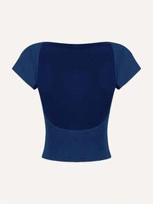4 piezas de camisetas de mujer de cuello redondo, ajustadas, con espalda calada, de estilo casual y liso, versátiles para el verano - Multicolor 2 - Ver 5