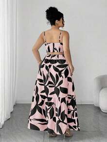 Vestido elegante de mujer talla grande con tirantes finos, cintura fruncida y diseño evasé, con estampado de hojas de dos colores, diseño evasé estilizador, elegante y sofisticado, adecuado para volver al colegio, graduación, San Valentín, festiva - Rosa - Ver 2