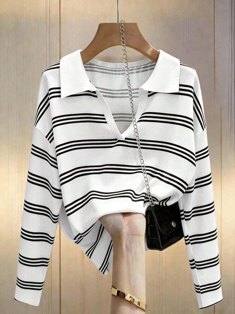 Camiseta holgada de murciélago a rayas de estilo casual para mujer, otoño - Blanco - Ver 1