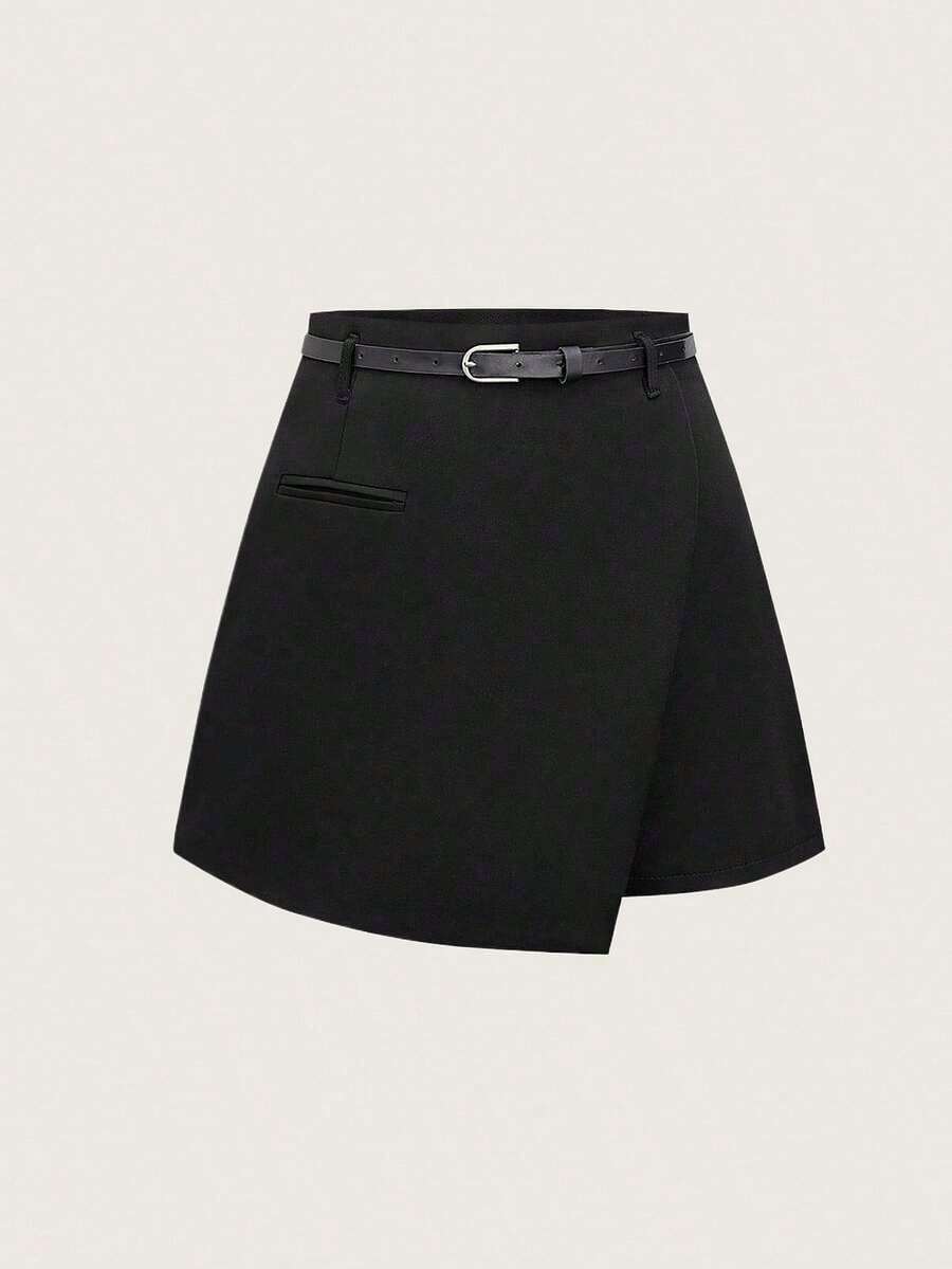 Pantalones con falda asimétrica de moda casual para ir al trabajo, pantalones cortos multifuncionales para mujer sin cinturón, pantalones con falda asimétrica a juego sin cinturón, falda asimétrica, falda con dobladillo asimétrico, falda pantalón - Negro 2 - Ver 1