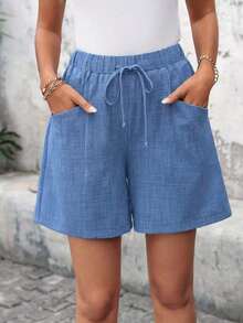 Pantalones cortos de verano de color azul marino sólido con bolsillos para mujeres de talla grande, vacaciones de verano, vacaciones de primavera, vacaciones para mujeres, salir, 2026 nuevo, simple y de moda para uso diario, pantalones cortos b - Azul - Ver 7