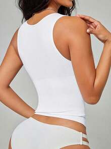 Camiseta sin costuras con cuello en V de unicolor y elegante para mujer, casual en color negro - Blanco - Ver 5