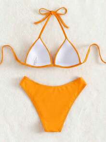 Conjunto de bikini liso, sujetador push up y parte inferior de bikini, traje de baño de 2 piezas - Naranja - Ver 2