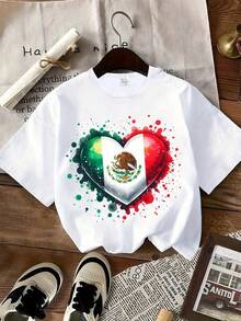 ¡Viva México & Mexican Irl & Día de México & Camiseta de Cuello Redondo con Estampado de Corazón, Camiseta Casual y Elegante de Manga Corta, Ligeramente Elástica, Opaca, Material de Fácil Cuidado, Adecuada para Uso Diario, Ropa de Mujer - Estilo Juvenil, Adecuada para Todas las Estaciones - Blanco - Ver 1