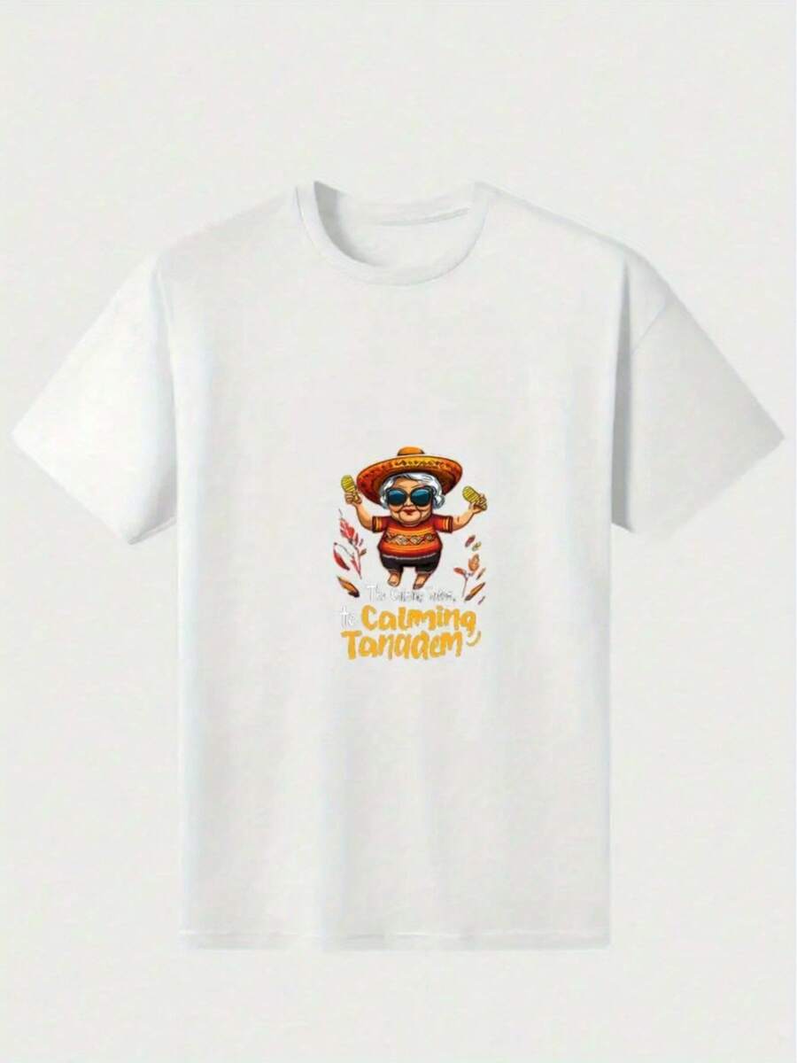 With A Vibrant Hat Print - Short Sleeves, Crew Neck, Perfect For Everyday Wear, Travel, Or Gifts, Crew Neck, 100% Cotton, All-Season Casual Wear, Mexican Style, Personalized, Made Of Knit Fabric With Slight Stretch, Suitable For Weekend Casual Wear, And Machine Washable, A Practical Choice For Everyday Wear - Women's 180G Pure Cotton T-Shirt - 白色 - 查看 1