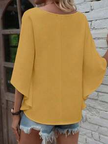 Camisa de manga corta de unicolor, cuello en V, holgada y casual para vacaciones - Amarillo - Ver 2