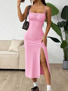 Vestido midi de leopardo con abertura lateral y tirantes - Rosa - Ver 7