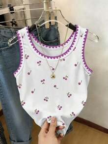 Camiseta de tirantes con cuello redondo, estampado de flores de cerezo y recorte de concha para mujer - Multicolor - Ver 3